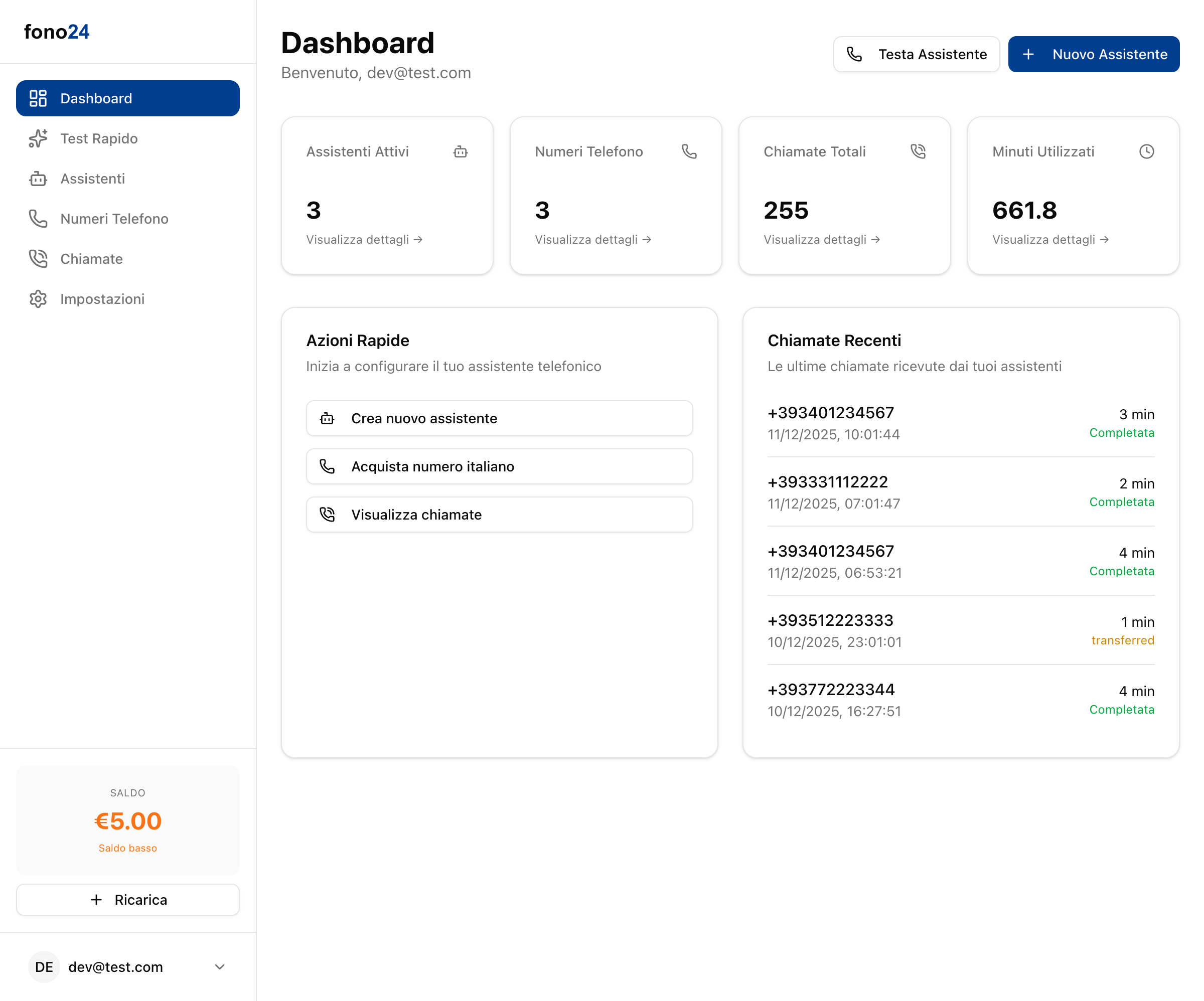 Dashboard fono24 - Gestisci assistenti, chiamate e crediti